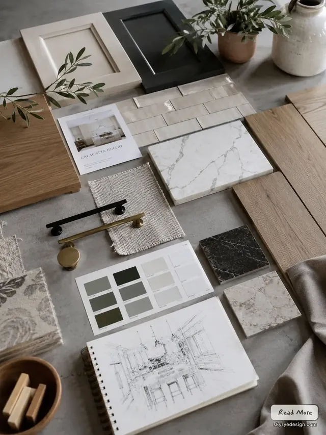 Kitchen design materials, finish samples, hardware, quartz, and a cabinet sketch arranged together