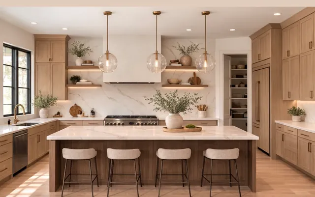 Warm white oak kitchen with a large island, pantry, and quartz surfaces