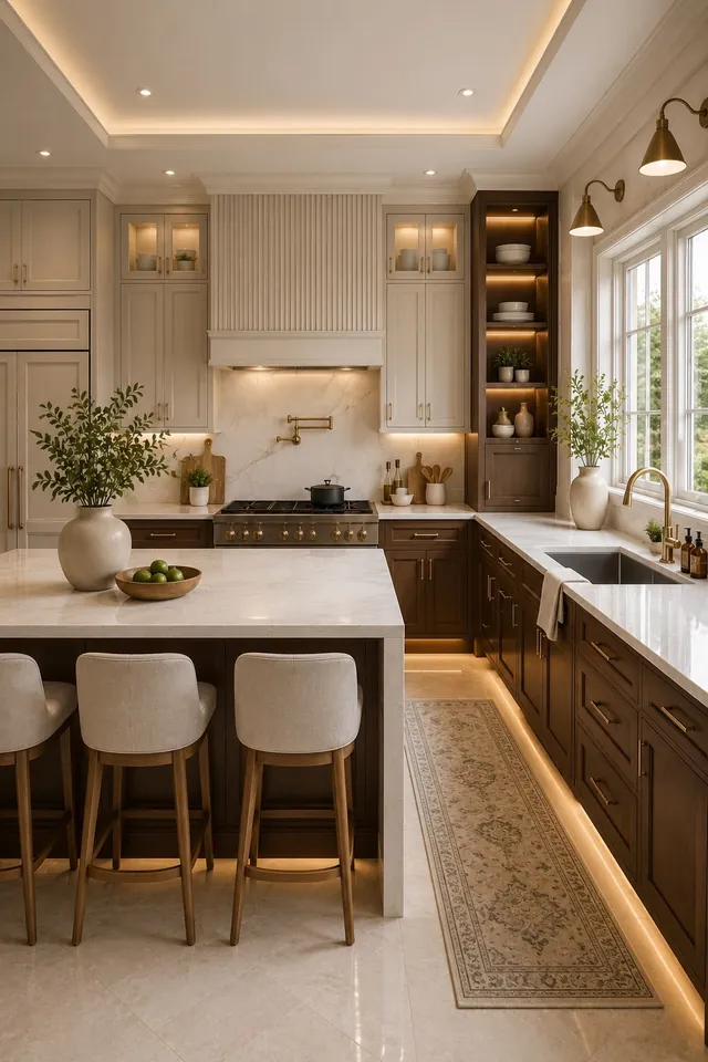 Bright custom kitchen with white cabinetry and a marble-look island